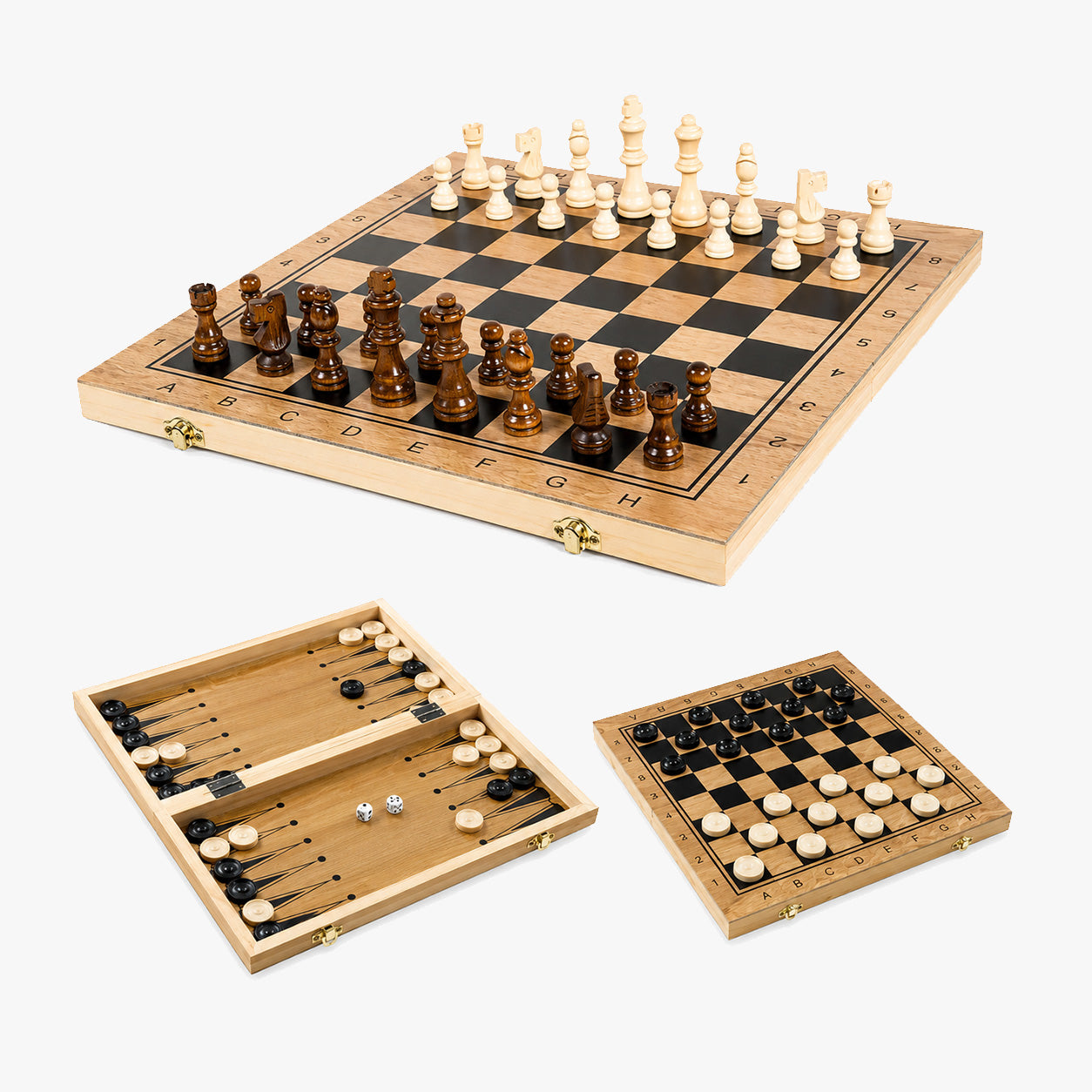Coffret de Jeux 3-en-1 en Bois – Échecs, Dames & Backgammon