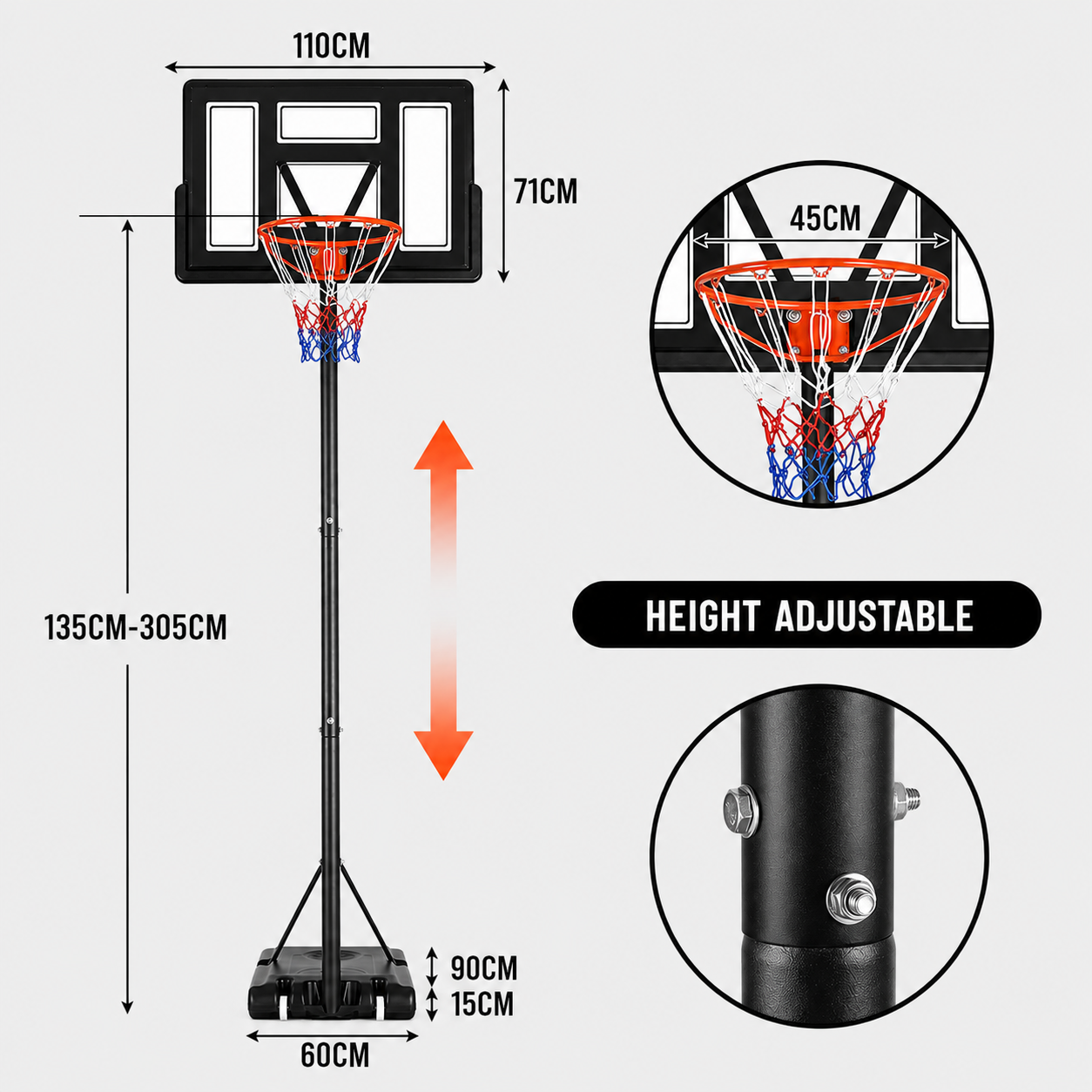 Panier de basket d’extérieur réglable en hauteur
