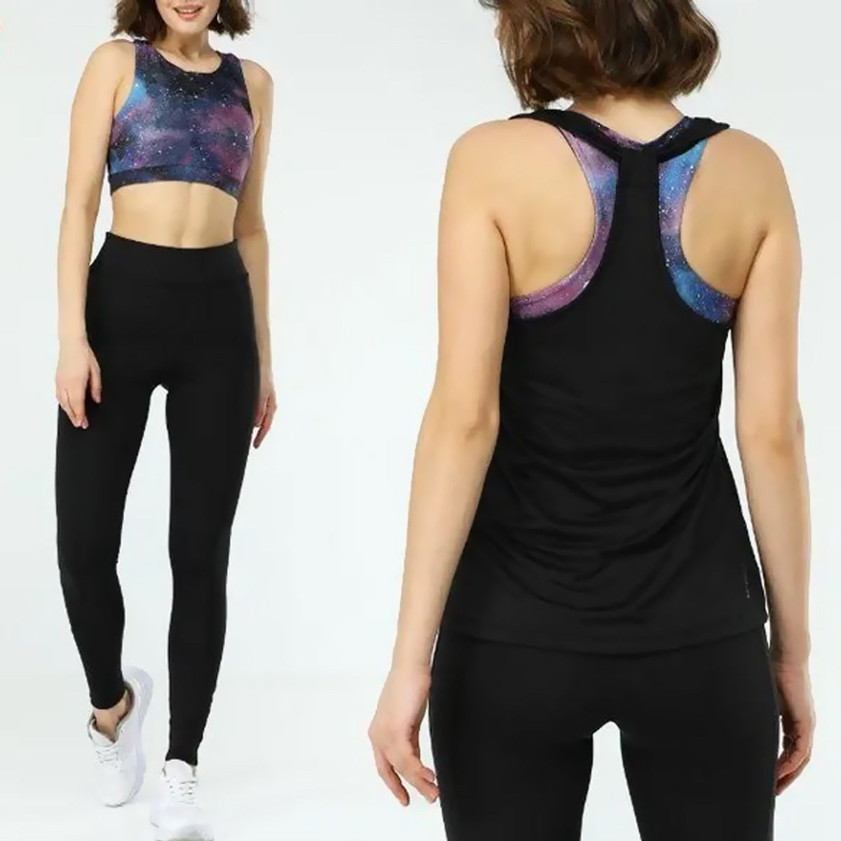 Ensemble Sport Femme 3 Pièces – Legging, Brassière & Débardeur Galaxy