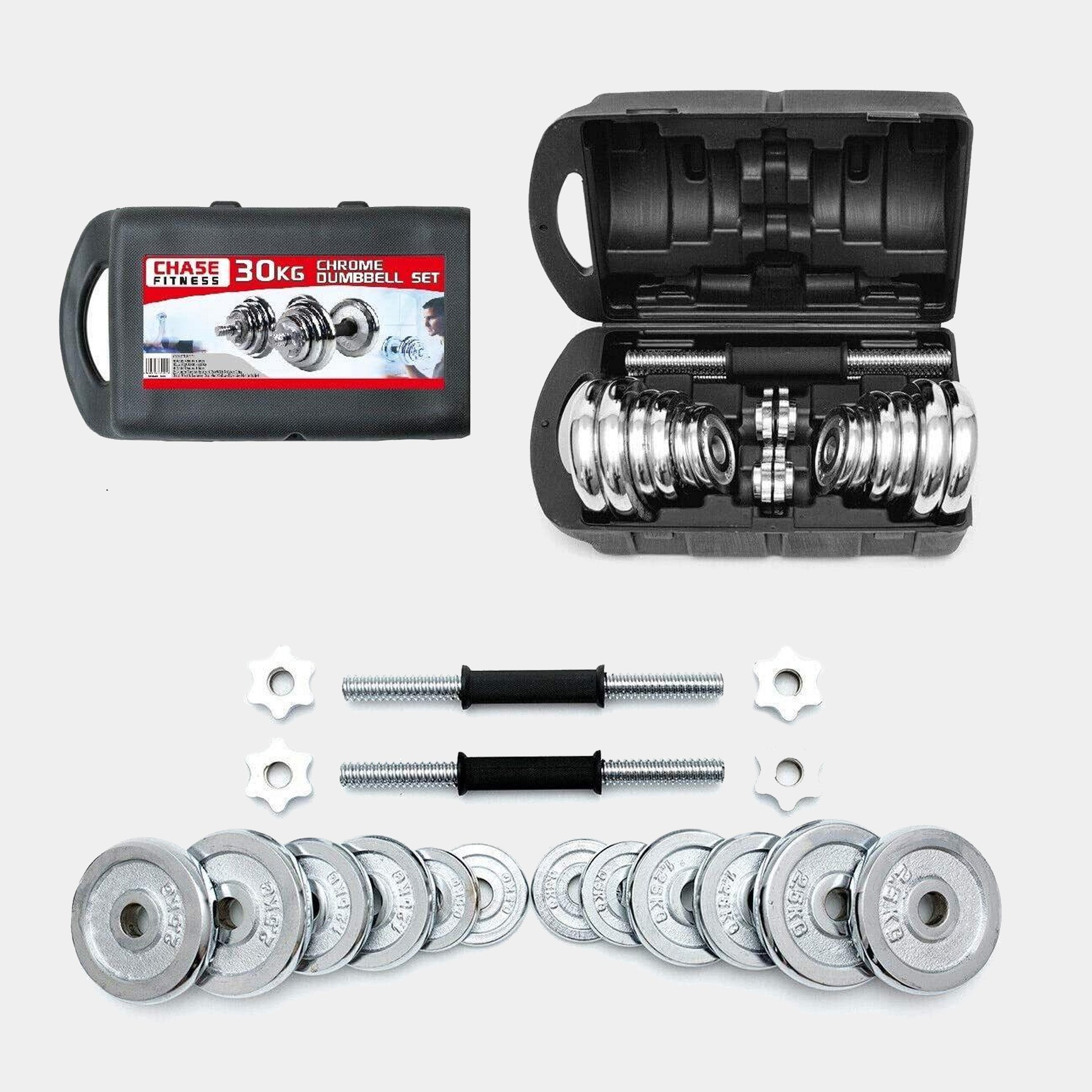 Haltères chromées 30KG avec mallette – Set fitness complet