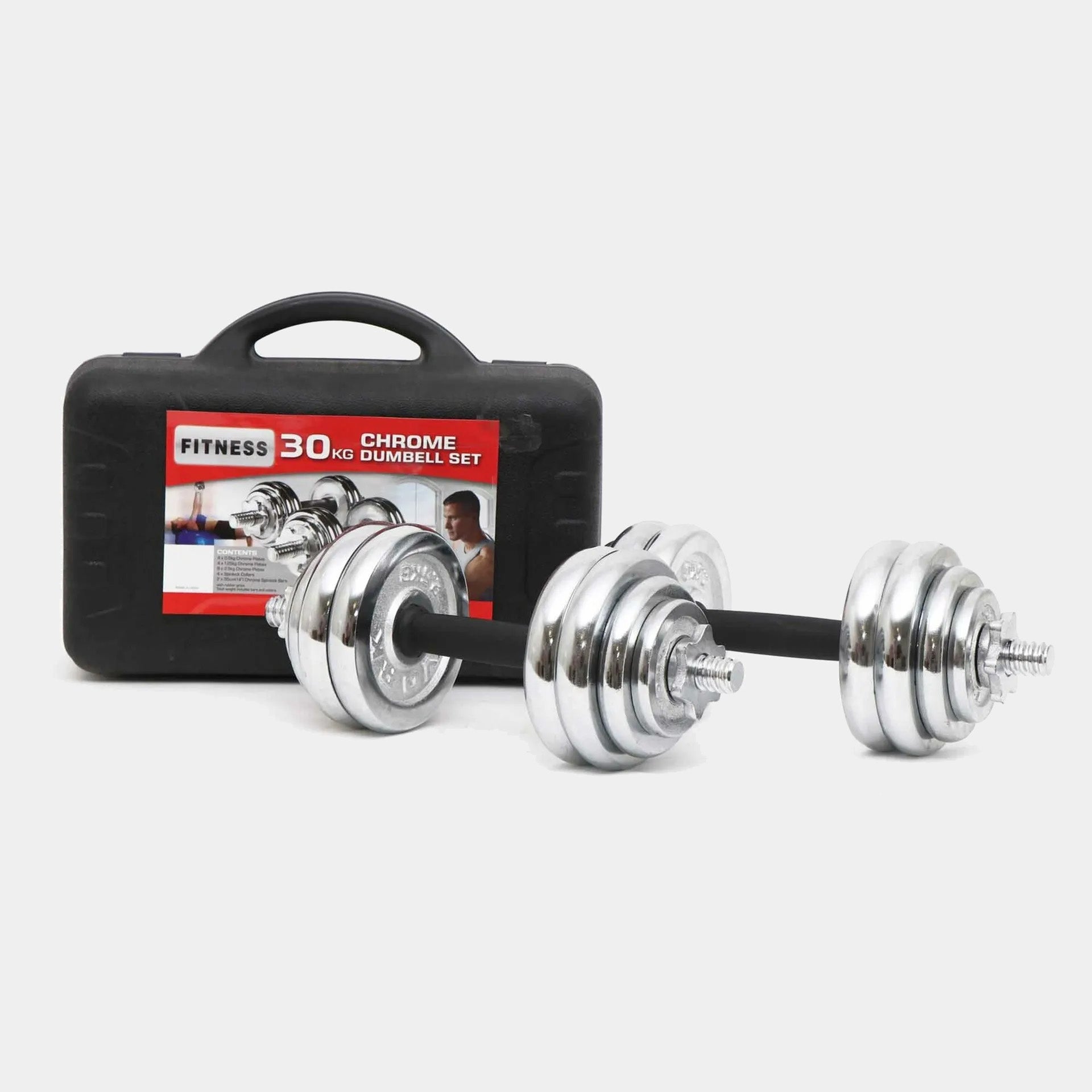Haltères chromées 30KG avec mallette – Set fitness complet