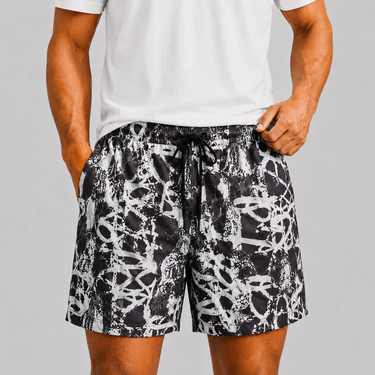 Short de Plage– Motif Abstrait Noir & Blanc