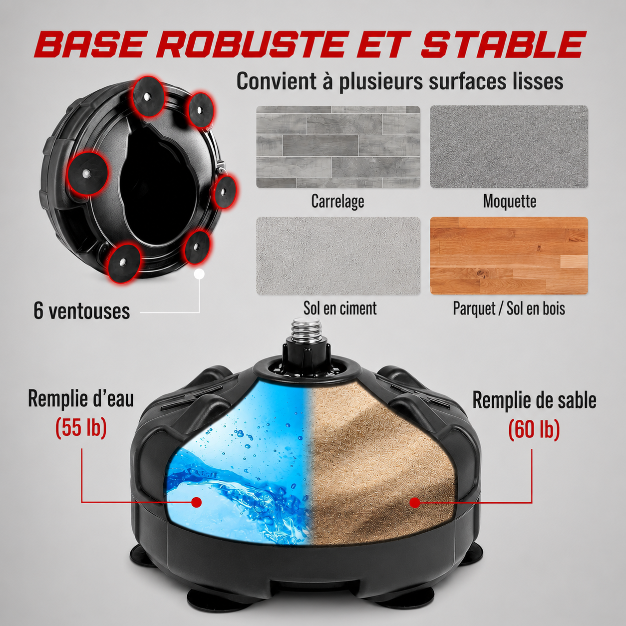 Punching Ball sur Pied Réglable avec Base à Ventouses – 120 à 160 cm